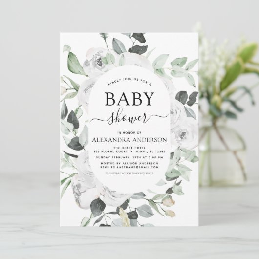 Baby shower Eucalyptus Bloemen Wit Rozen Groen Kaart (Staand voorkant)