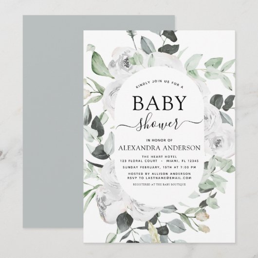 Baby shower Eucalyptus Bloemen Wit Rozen Groen Kaart (Voorkant / Achterkant)