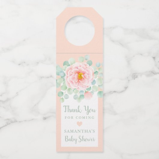 Baby shower Eucalyptus Foliage Floral Peach Sage Flessenhanger (Voorkant)