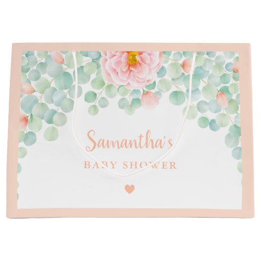 Baby shower Eucalyptus Foliage Floral Peach Sage Groot Cadeauzakje (Voorkant)