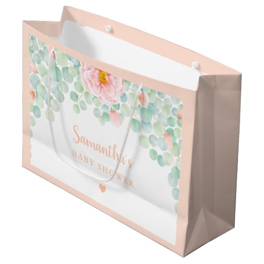 Baby shower Eucalyptus Foliage Floral Peach Sage Groot Cadeauzakje (Voorkant Gekanteld)