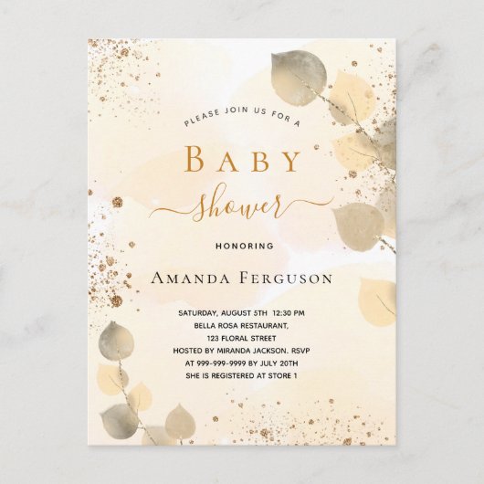 Baby shower eucalyptus glitter gouden herfst uitnodiging briefkaart (Voorkant)