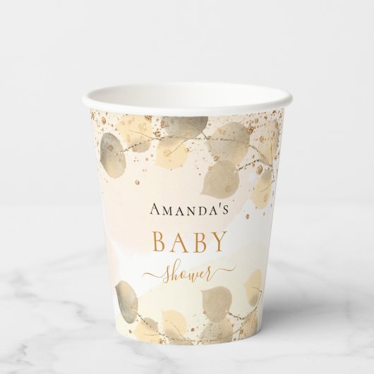 Baby shower eucalyptus glitter gouden naam papieren bekers (Achterkant)