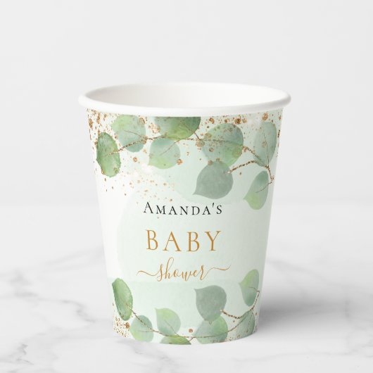 Baby shower eucalyptus glitter goumonogram papieren bekers (Voorkant)