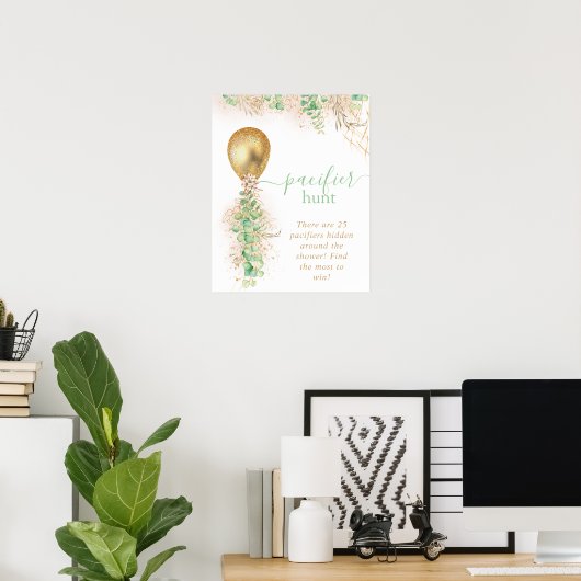 Baby shower Eucalyptus Gold ballon Pacifier Hunt Poster (Thuiskantoor)