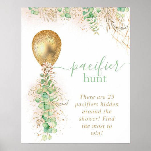 Baby shower Eucalyptus Gold ballon Pacifier Hunt Poster (Voorkant)