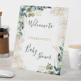 Baby shower eucalyptus greenery elegant welkom reclamebord met voetstuk