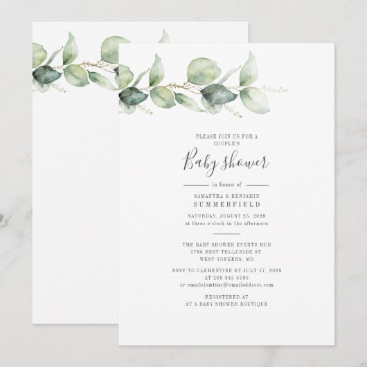 Baby shower Eucalyptus Greenery Foliage Kaart (Voorkant / Achterkant)