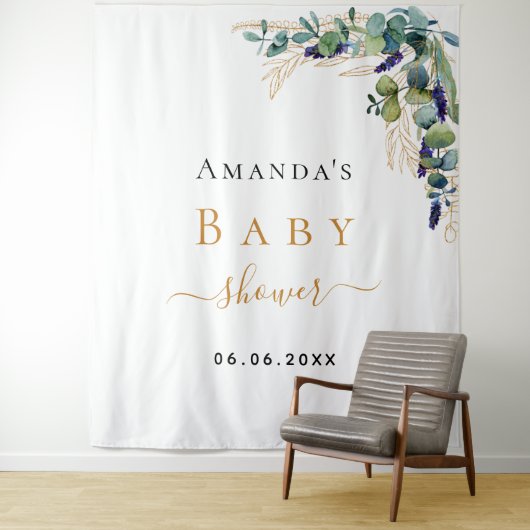 Baby shower eucalyptus greenery Gold name Wandkleed (In situ)