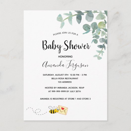 Baby shower eucalyptus greenery schattige bijen briefkaart (Voorkant)