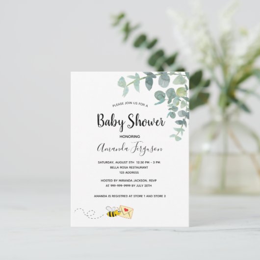 Baby shower eucalyptus greenery schattige bijen briefkaart (Staand voorkant)