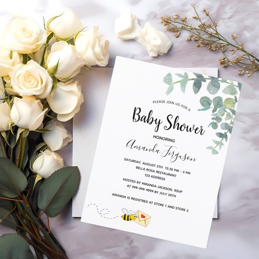 Baby shower eucalyptus greenery schattige bijen briefkaart