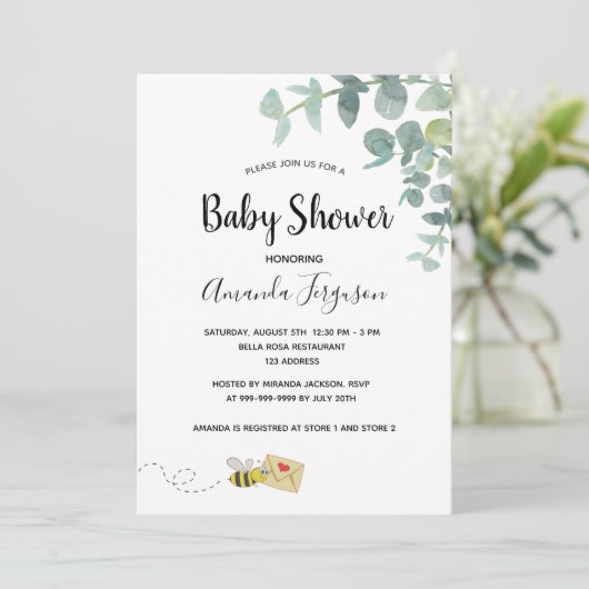 Baby shower eucalyptus greenery schattige bijen kaart (Staand voorkant)