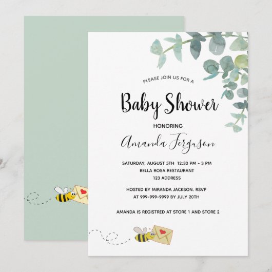 Baby shower eucalyptus greenery schattige bijen kaart (Voorkant / Achterkant)
