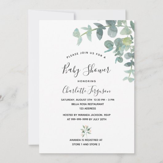 Baby shower eucalyptus greenery white elegant kaart (Voorkant)