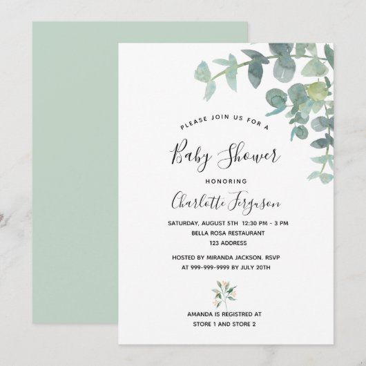 Baby shower eucalyptus greenery white elegant kaart (Voorkant / Achterkant)