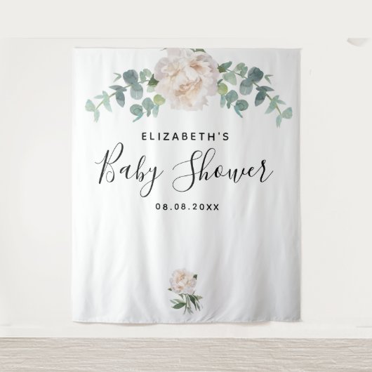 Baby shower eucalyptus greenery white elegant wandkleed (Voorkant)