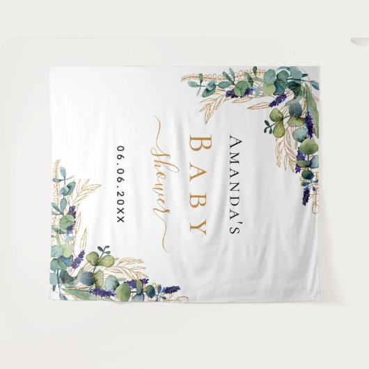 Baby Shower eucalyptus groen bladgoud monogram Wandkleed (Voorkant (horizontaal))