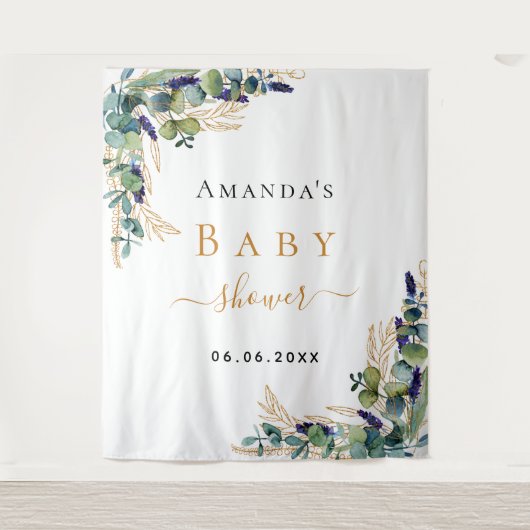 Baby Shower eucalyptus groen bladgoud monogram Wandkleed (Voorkant)