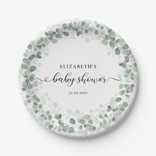 Baby shower Eucalyptus groen Boho rustiek Papieren Bordje (Voorkant)