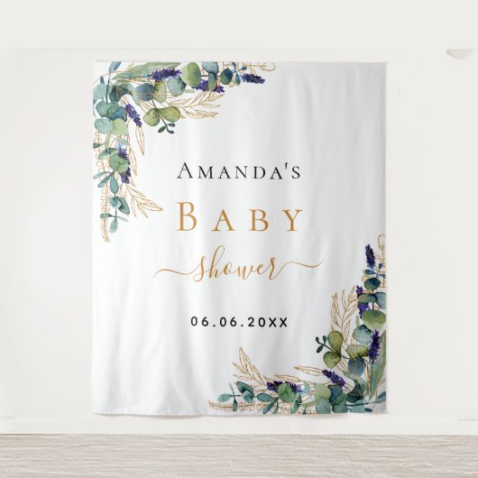 Baby Shower eucalyptus groen goud monogram Wandkleed (Voorkant)