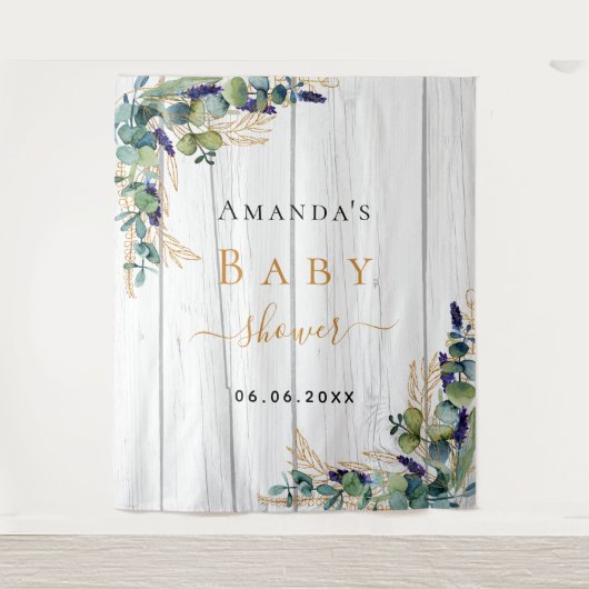 Baby Shower eucalyptus groen wit hout Wandkleed (Voorkant)