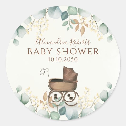Baby shower Eucalyptus laat botanische Waterverf a Ronde Sticker (Voorkant)