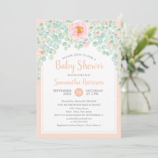 Baby Shower Eucalyptus Loof Groene Florale Perzik  Kaart (Staand voorkant)