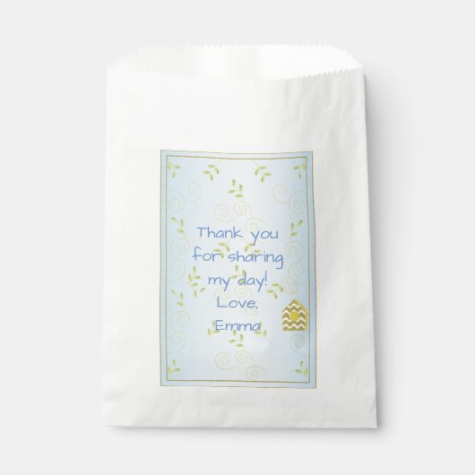 Baby shower Favor Bag, Blauwe "Golden Birds" Bedankzakje (Voorkant)