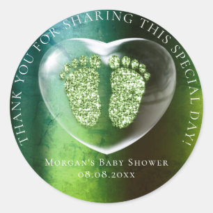 Baby shower Favor Dank Glitter Heart Green Feet Ronde Sticker