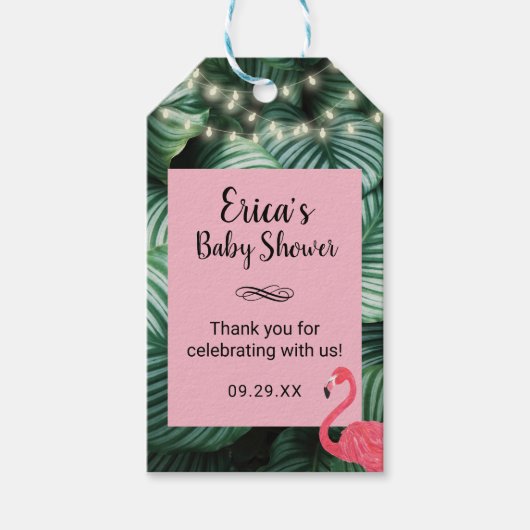 Baby shower Favor Tropical Leaves & Flamingo Cadeaulabel (Voorkant)