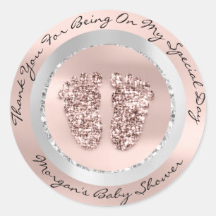 Baby shower Feet Boy Girl Name Bedankt Gray Roos V Ronde Sticker