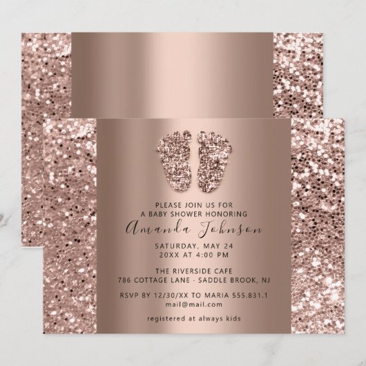 Baby shower Feet Elegant Roos Glitter Boy Girly Kaart (Voorkant / Achterkant)