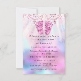 Baby shower Feet Girl Royal Pink Glitter Floral Kaart