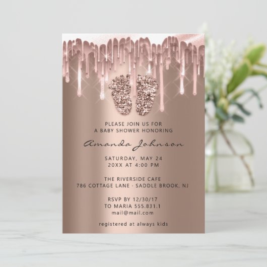 Baby shower Feet Glitter Roos Blush Drip Boy Girl Kaart (Staand voorkant)