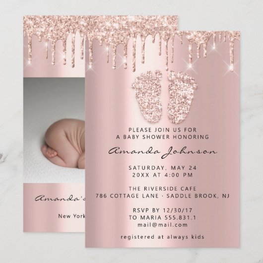 Baby shower Feet Glitter Roze druppels Foto Boy Gi Kaart (Voorkant / Achterkant)