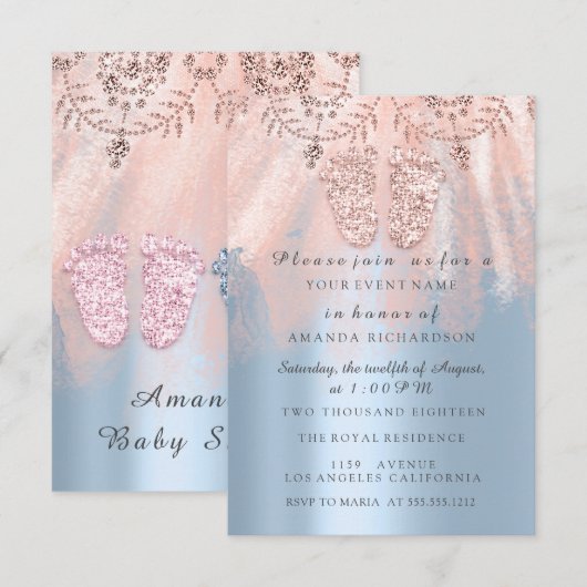 Baby shower Feet Silver Girl Boy Royal Twins Glam Kaart (Voorkant / Achterkant)