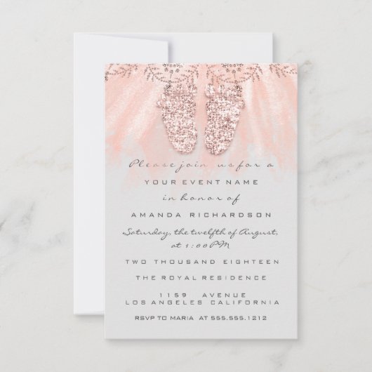 Baby shower Feet Silver Girl Royal Roos Glitter Kaart (Voorkant)