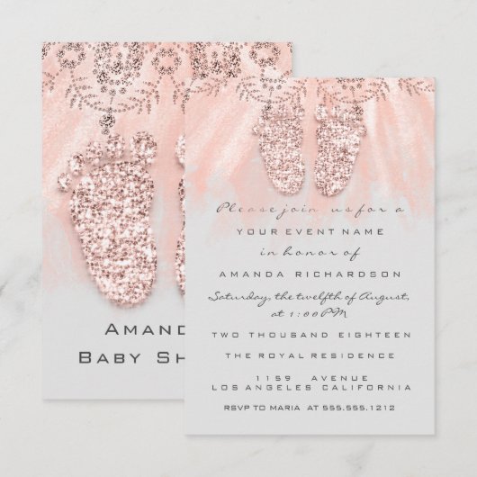 Baby shower Feet Silver Girl Royal Roos Glitter Kaart (Voorkant / Achterkant)