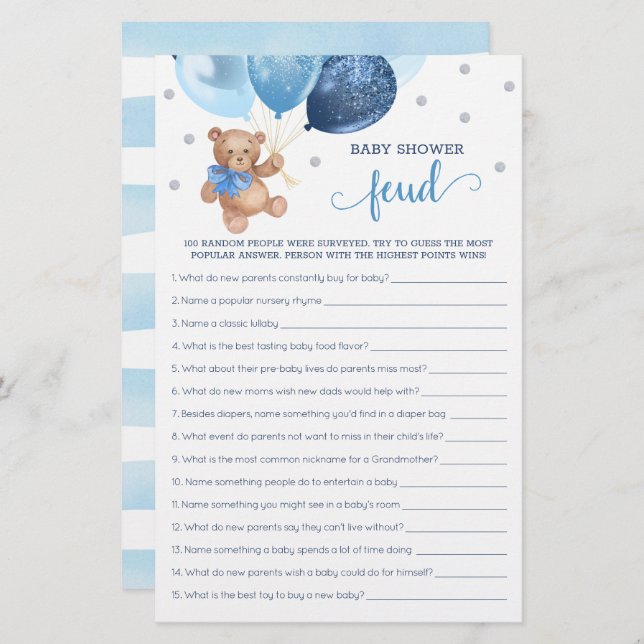 Baby shower Feud Game Blue en Silver Teddy Bear (Voorkant / Achterkant)