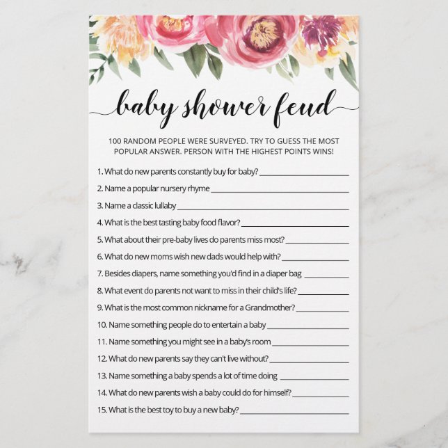 Baby shower Feud game met Answers (Voorkant)