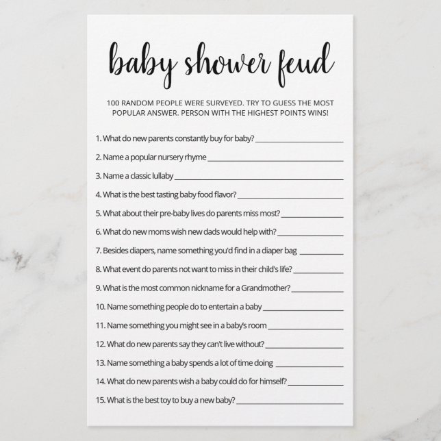Baby shower Feud game met Answers (Voorkant)