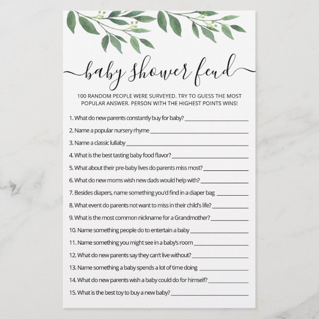 Baby shower Feud game met Answers (Voorkant)