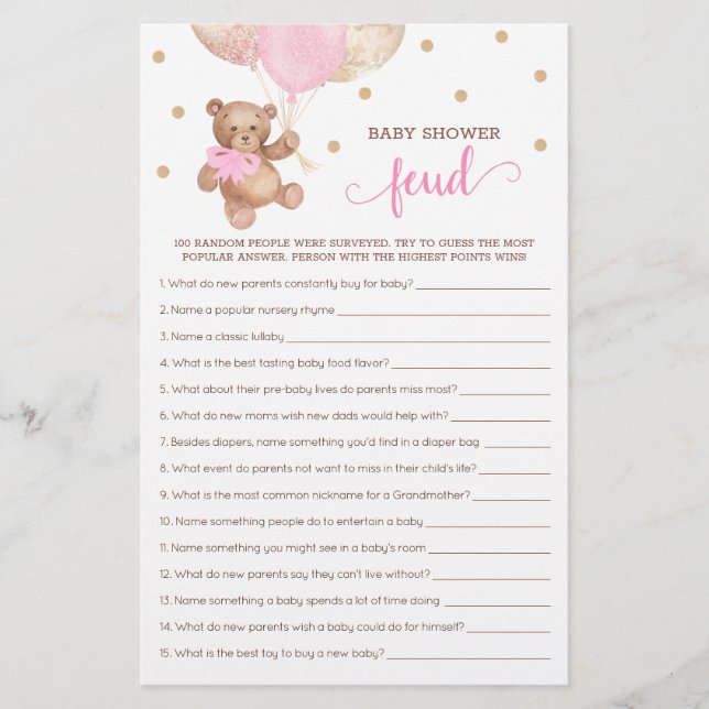 Baby shower Feud Game Pink en Gold Teddy Bear (Voorkant)