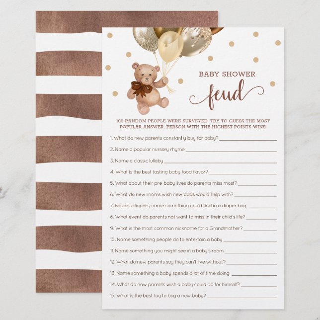 Baby Shower Feud-spel Bruine en Gouden Teddybeer  (Voorkant / Achterkant)