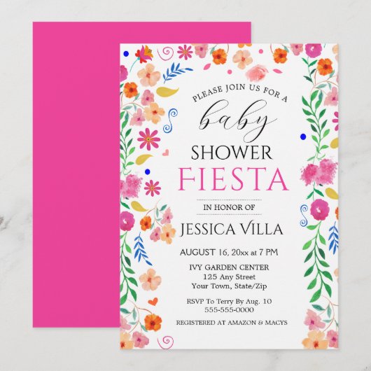 Baby shower Fiesta Bloemenroze Feestuitnodiging Kaart (Voorkant / Achterkant)