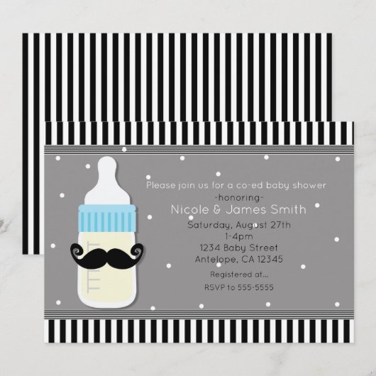 Baby shower Fles & Mustache Moderne Uitnodiging (Voorkant / Achterkant)