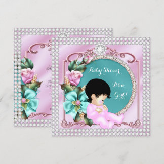  Baby shower Floral Blauwgroen Pink Brunette Baby Kaart