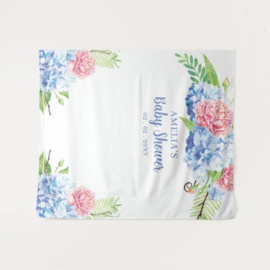 Baby shower Floral Blue Hydrangea Wandkleed (Voorkant (horizontaal))