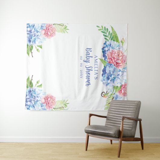 Baby shower Floral Blue Hydrangea Wandkleed (In Situ (horizontaal))